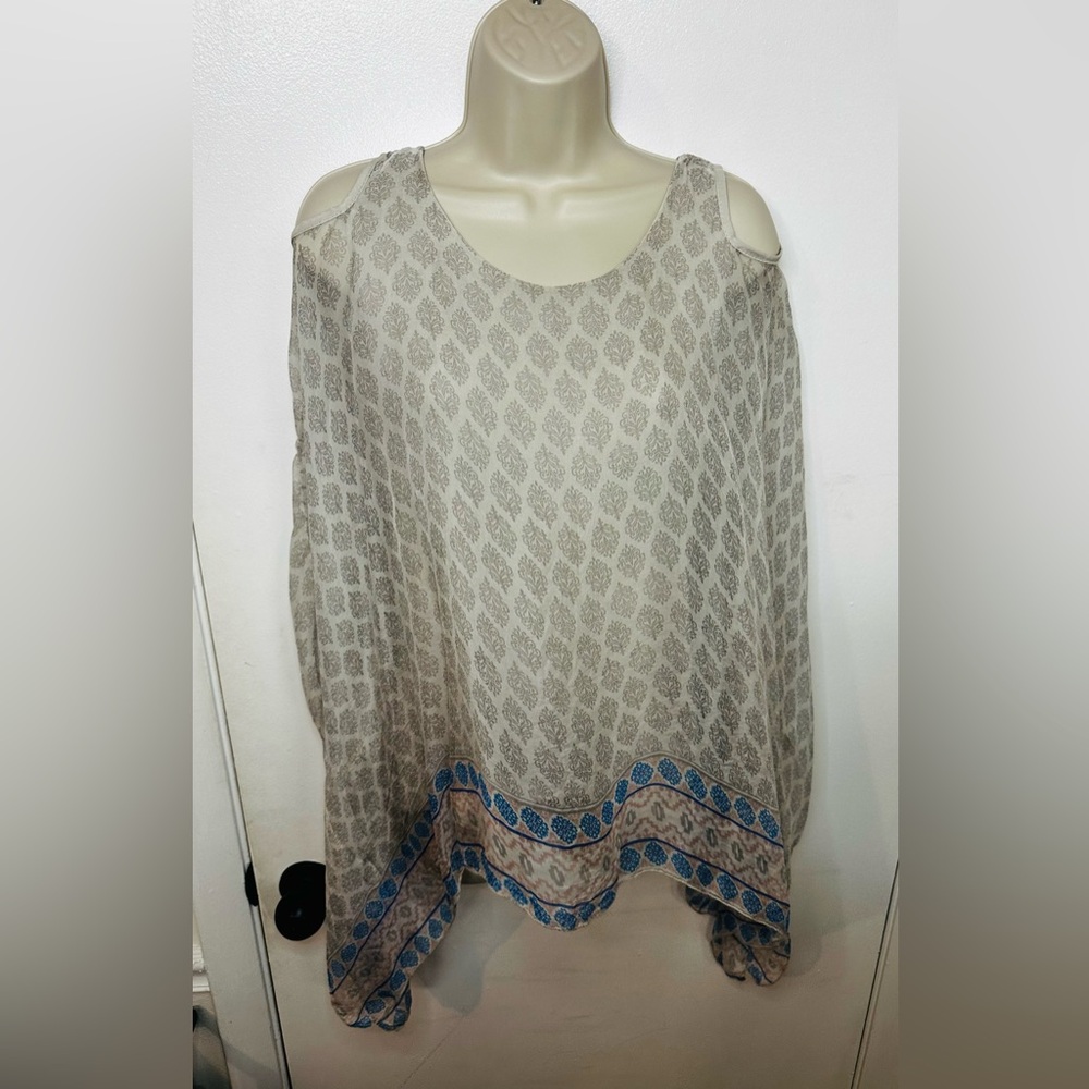 Angela Moda Silk /Viscose Cold Shoulder Blouse Size S  Ivory /Blue Color Flowy
